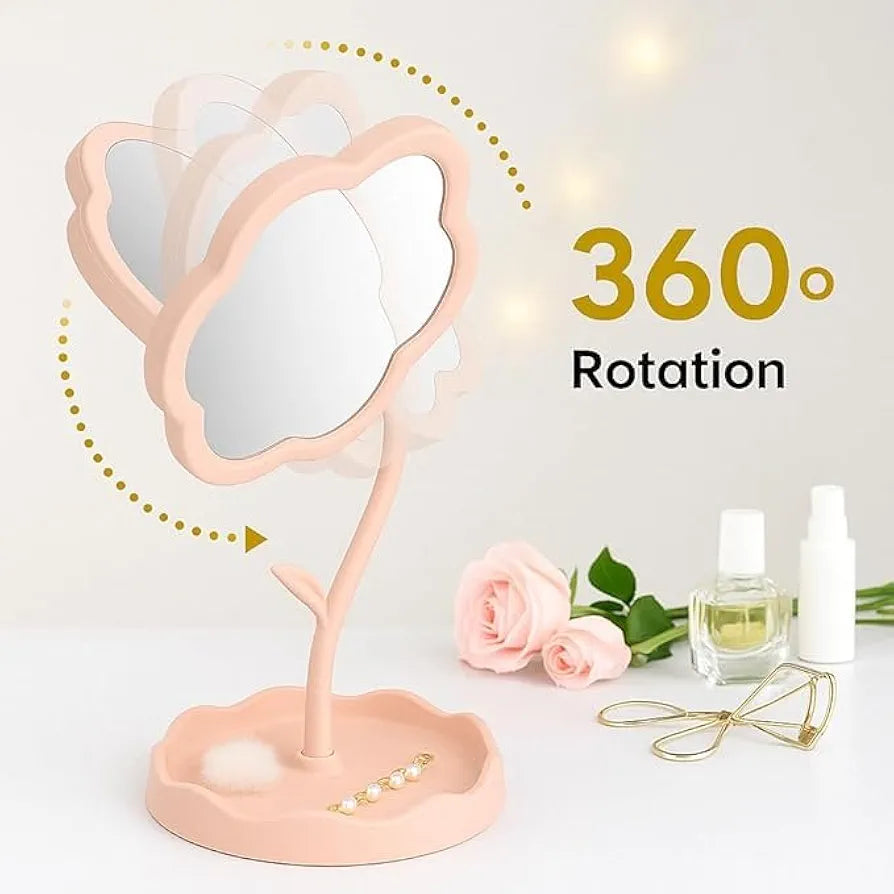 VIHM Flower-Shaped Makeup Mirror, Rotatable Makeup Mirror with Tray Table Vanity Mirror Cute Flower-Shaped Mirror for Tabletop, Bedroom, Bathroom, Living Room