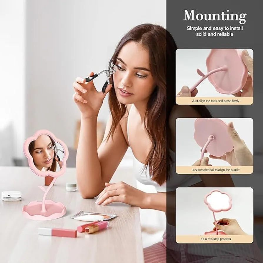 VIHM Flower-Shaped Makeup Mirror, Rotatable Makeup Mirror with Tray Table Vanity Mirror Cute Flower-Shaped Mirror for Tabletop, Bedroom, Bathroom, Living Room