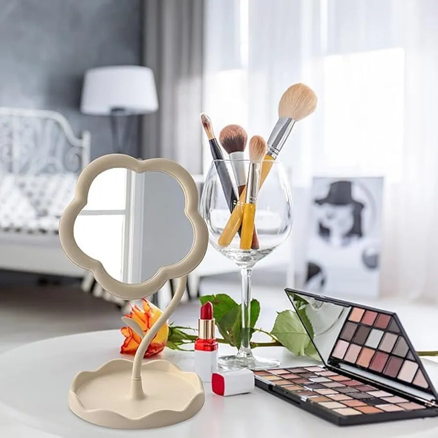 VIHM Flower-Shaped Makeup Mirror, Rotatable Makeup Mirror with Tray Table Vanity Mirror Cute Flower-Shaped Mirror for Tabletop, Bedroom, Bathroom, Living Room