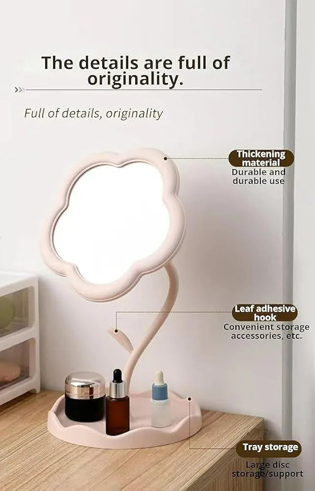 VIHM Flower-Shaped Makeup Mirror, Rotatable Makeup Mirror with Tray Table Vanity Mirror Cute Flower-Shaped Mirror for Tabletop, Bedroom, Bathroom, Living Room