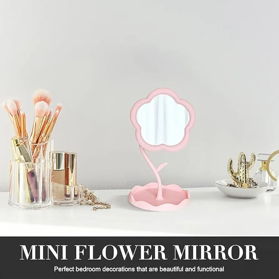 VIHM Flower-Shaped Makeup Mirror, Rotatable Makeup Mirror with Tray Table Vanity Mirror Cute Flower-Shaped Mirror for Tabletop, Bedroom, Bathroom, Living Room