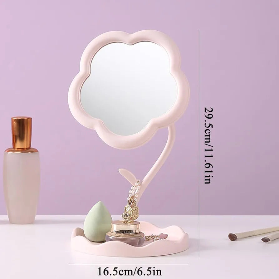 VIHM Flower-Shaped Makeup Mirror, Rotatable Makeup Mirror with Tray Table Vanity Mirror Cute Flower-Shaped Mirror for Tabletop, Bedroom, Bathroom, Living Room
