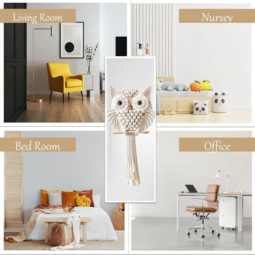 tms Handmade Macrame Owl Wall Hanging | Chic Home Décor with Natural Elements | Rustic Accent for Living Room, Bedroom, Office | 12"x23", Off-White-1 pcs