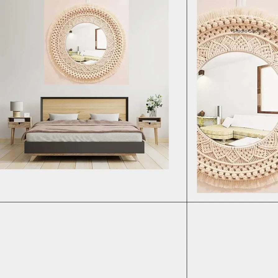 GUL DECOR|Handmade Cotton Macrame Wall Hanging Glass Mirror With Boho Fringes, Bohemian Art Decorative Aina For Make-Up, Living Room, Bedroom, Off-White, Dia 18 Inches, Style 30, Framed, Round