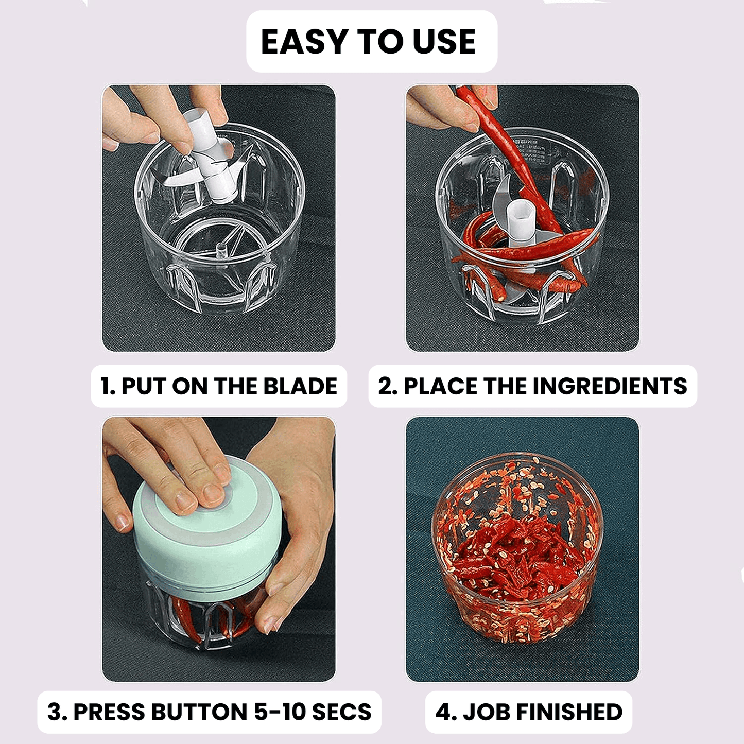 Rechargeable Mini Electric Chopper - Stainless Steel Blades, Easy One Touch Operation, 250 ML