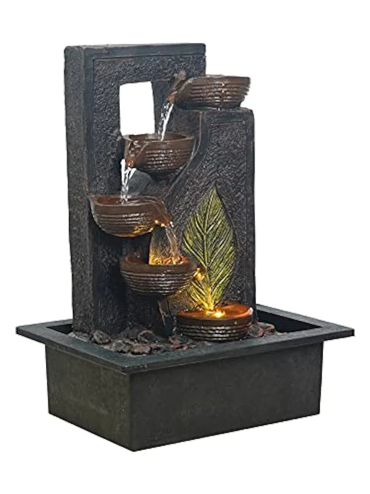 Craft Smith Polyresin Table Top Black 4 Diya Steps & Green Leaf Design Indoor Waterfall Fountain for Home Decor with LED Lights & Speed Controller Pump 