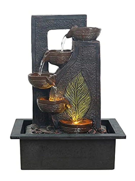 Craft Smith Polyresin Table Top Black 4 Diya Steps & Green Leaf Design Indoor Waterfall Fountain for Home Decor with LED Lights & Speed Controller Pump 