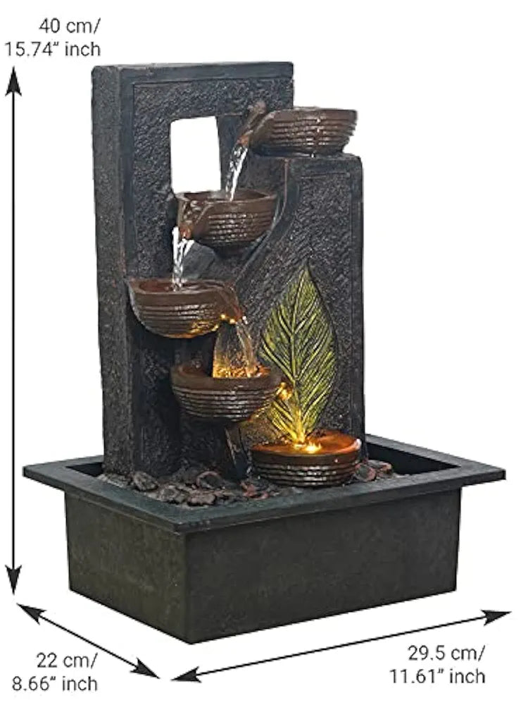 Craft Smith Polyresin Table Top Black 4 Diya Steps & Green Leaf Design Indoor Waterfall Fountain for Home Decor with LED Lights & Speed Controller Pump 