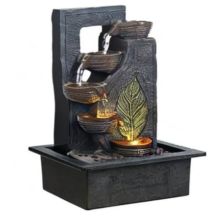 Craft Smith Polyresin Table Top Black 4 Diya Steps & Green Leaf Design Indoor Waterfall Fountain for Home Decor with LED Lights & Speed Controller Pump 
