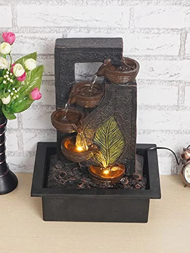 Craft Smith Polyresin Table Top Black 4 Diya Steps & Green Leaf Design Indoor Waterfall Fountain for Home Decor with LED Lights & Speed Controller Pump 