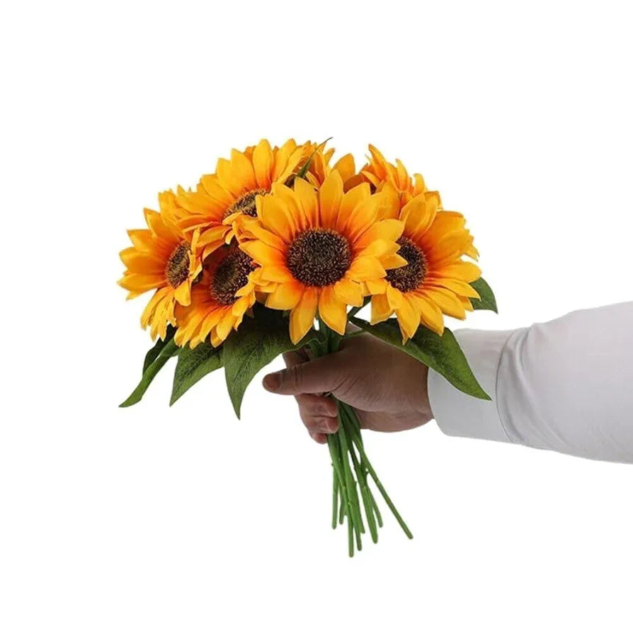 SATYAM KRAFT 1 Pcs Artificial Sunflowers Stick Bunch | Realistic Look & Charming Flowers | 6 Heads Bouquet for Home Decor, Bedroom, Balcony, Wedding  ,Fabric