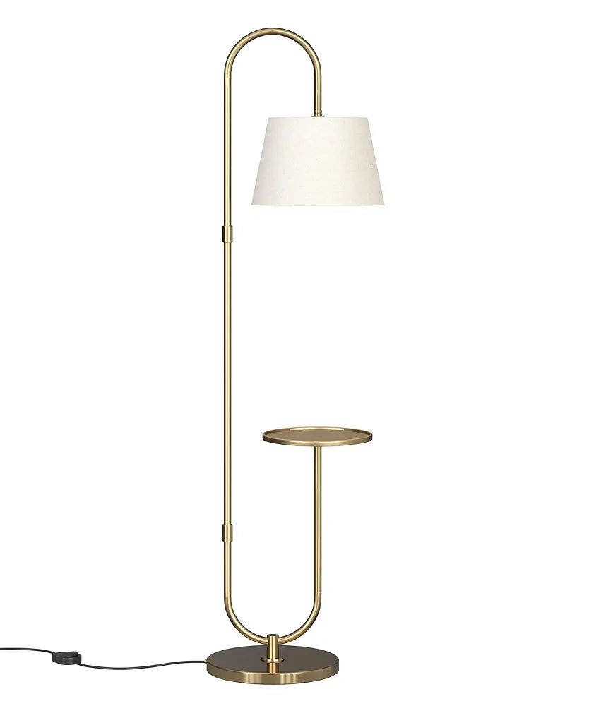 Divine Trends Modern Table Shelf LED Floor Lamp Standing Brass Antique Finish Gold 5ft Height with Shelf Diameter 10 Inches and Off White Lampshade 