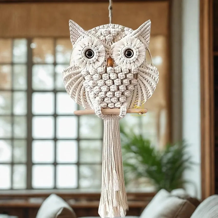 tms Handmade Macrame Owl Wall Hanging | Chic Home Décor with Natural Elements | Rustic Accent for Living Room, Bedroom, Office | 12"x23", Off-White-1 pcs