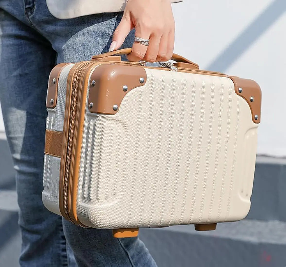 Yagzon ABS Hard Shell Cosmetic Travel Hand Luggage Portable Carrying Makeup Case Suitcase Organizer Box Vanity Mini Suitcase 14'' Books, Bottles, Clothes, Small Accessory Bag, 30 cm, No Wheels, Brown