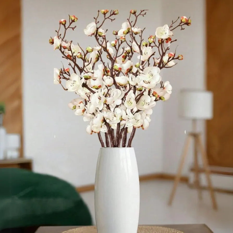 SATYAM KRAFT 3 Sticks Artificial Blossom Flower Bouquet Sticks for Home Decor, Bedroom, Living Room, Table, Balcony, Office, Wedding, Pooja, Anniversary Decorations – White 
