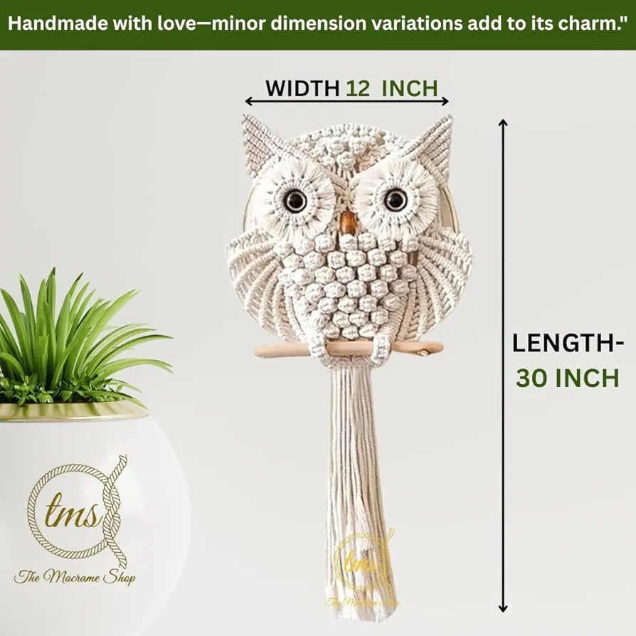 tms Handmade Macrame Owl Wall Hanging | Chic Home Décor with Natural Elements | Rustic Accent for Living Room, Bedroom, Office | 12"x23", Off-White-1 pcs