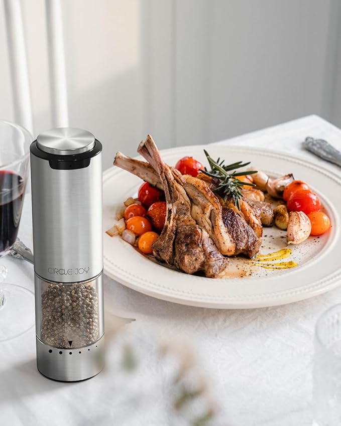 Rechargeable Electric Salt and Pepper Grinder Set with Base, Stainless Steel Pepper Mills with Washable 95ml Container, White LED Light and Adjustable Coarseness, Silver