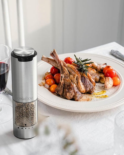 Rechargeable Electric Salt and Pepper Grinder Set with Base, Stainless Steel Pepper Mills with Washable 95ml Container, White LED Light and Adjustable Coarseness, Silver