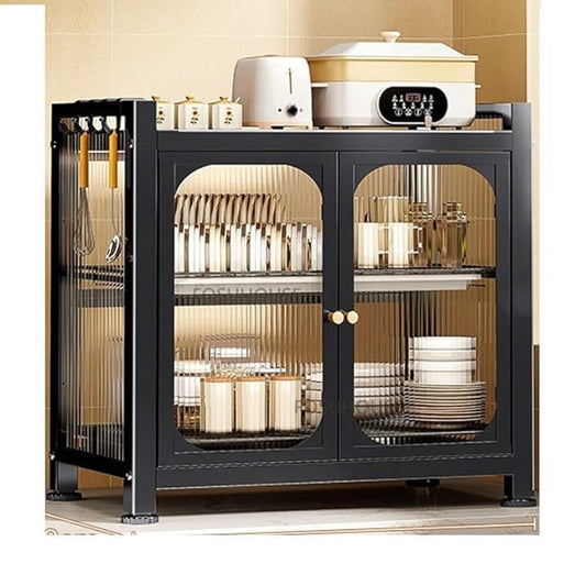 2-Tier Kitchen Countertop Cutlery Storage Cabinet, Dish Drying Rack with Drawers and Drainage Board, Acrylic Cabinet Door 360° Dustproof for Storing Dishes and Seasonings