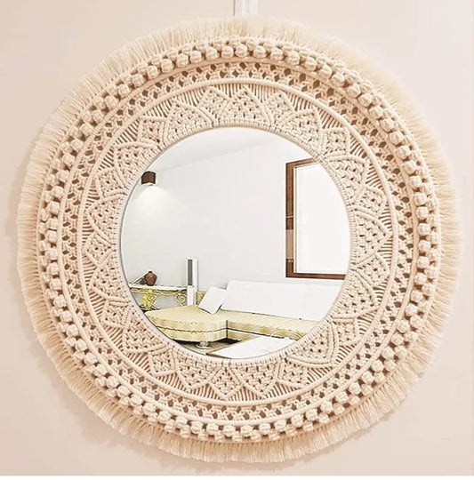 GUL DECOR|Handmade Cotton Macrame Wall Hanging Glass Mirror With Boho Fringes, Bohemian Art Decorative Aina For Make-Up, Living Room, Bedroom, Off-White, Dia 18 Inches, Style 30, Framed, Round