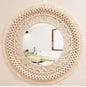 GUL DECOR|Handmade Cotton Macrame Wall Hanging Glass Mirror With Boho Fringes, Bohemian Art Decorative Aina For Make-Up, Living Room, Bedroom, Off-White, Dia 18 Inches, Style 30, Framed, Round