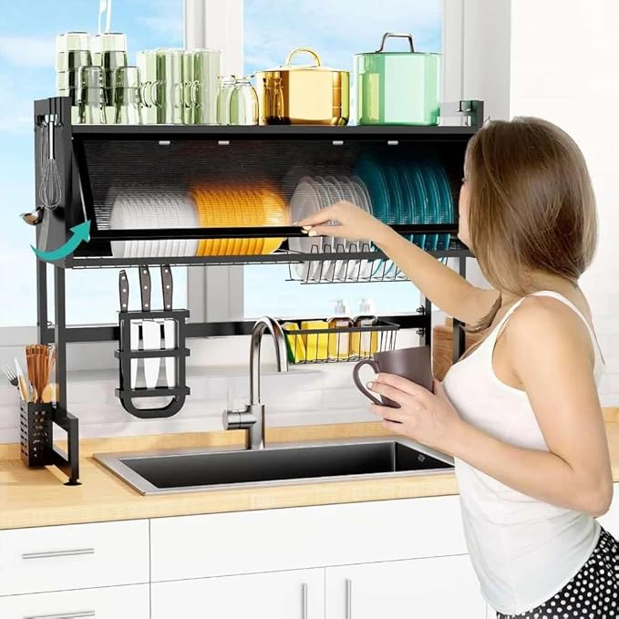Dish Rack for Kitchen, Bartan Stand for Drying, Carbon Steel, Drainer Shelf/Kitchen Organizer/Utensils Storage
