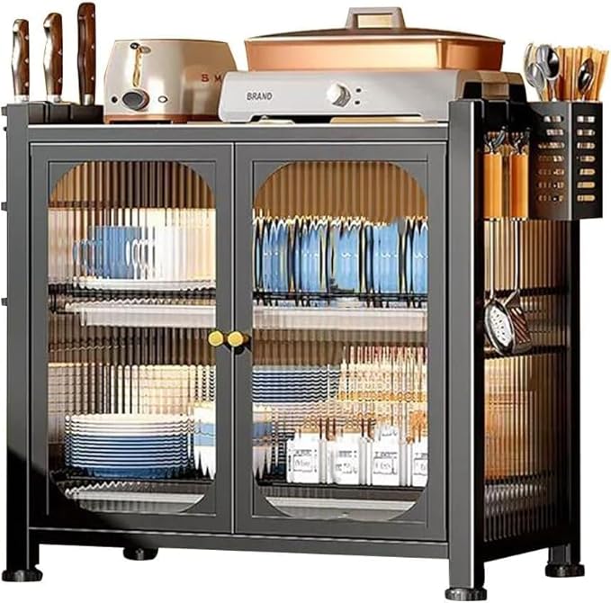2-Tier Kitchen Countertop Cutlery Storage Cabinet, Dish Drying Rack with Drawers and Drainage Board, Acrylic Cabinet Door 360° Dustproof for Storing Dishes and Seasonings
