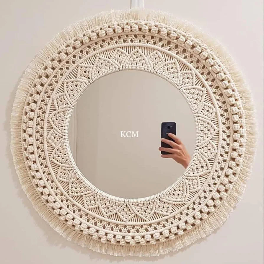 GUL DECOR|Handmade Cotton Macrame Wall Hanging Glass Mirror With Boho Fringes, Bohemian Art Decorative Aina For Make-Up, Living Room, Bedroom, Off-White, Dia 18 Inches, Style 30, Framed, Round