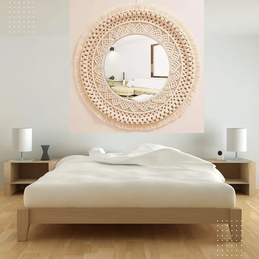 GUL DECOR|Handmade Cotton Macrame Wall Hanging Glass Mirror With Boho Fringes, Bohemian Art Decorative Aina For Make-Up, Living Room, Bedroom, Off-White, Dia 18 Inches, Style 30, Framed, Round