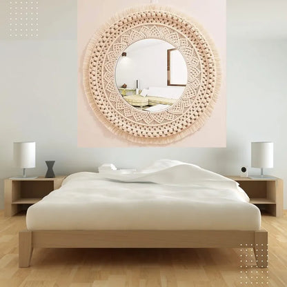 GUL DECOR|Handmade Cotton Macrame Wall Hanging Glass Mirror With Boho Fringes, Bohemian Art Decorative Aina For Make-Up, Living Room, Bedroom, Off-White, Dia 18 Inches, Style 30, Framed, Round