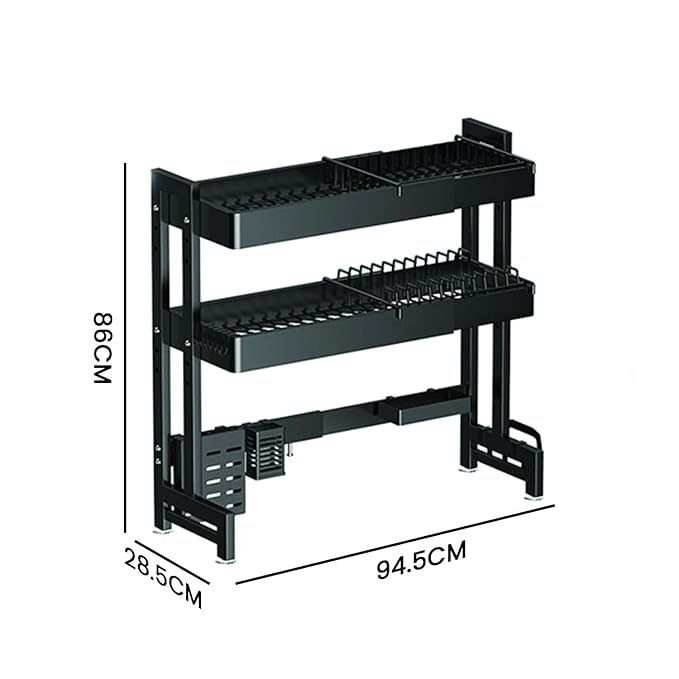Dish Drying Rack for Kitchen, 2 Layer, Over The Sink Bartan Stand, Carbon Steel (Black)