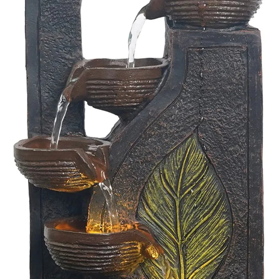 Craft Smith Polyresin Table Top Black 4 Diya Steps & Green Leaf Design Indoor Waterfall Fountain for Home Decor with LED Lights & Speed Controller Pump 