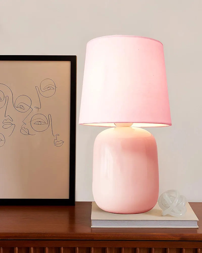 Homesake® Modern Small Ceramic Table Lamp, Classic Bedside Desk lamp for Living Room Bedroom, Farmhouse Nightstand Lamps with Pink Fabric Shade 