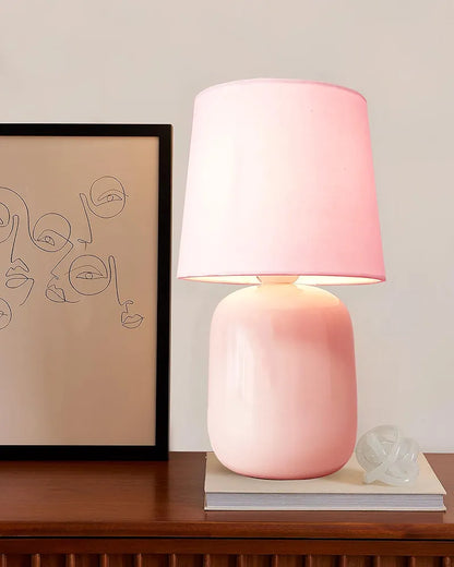 Homesake® Modern Small Ceramic Table Lamp, Classic Bedside Desk lamp for Living Room Bedroom, Farmhouse Nightstand Lamps with Pink Fabric Shade 
