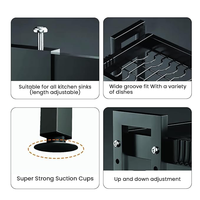 Dish Drying Rack for Kitchen, 2 Layer, Over The Sink Bartan Stand, Carbon Steel (Black)