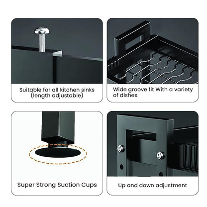 Dish Drying Rack for Kitchen, 2 Layer, Over The Sink Bartan Stand, Carbon Steel (Black)