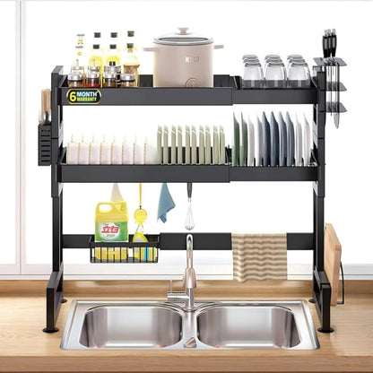 Dish Drying Rack for Kitchen, 2 Layer, Over The Sink Bartan Stand, Carbon Steel (Black)