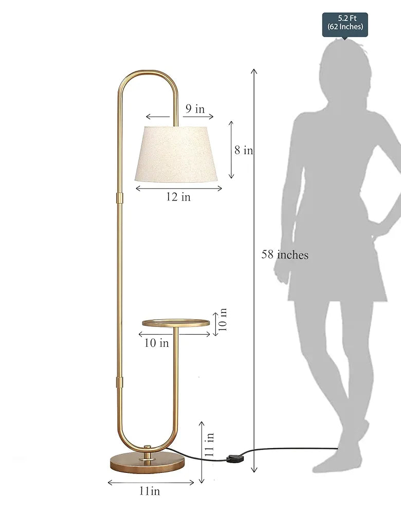 Divine Trends Modern Table Shelf LED Floor Lamp Standing Brass Antique Finish Gold 5ft Height with Shelf Diameter 10 Inches and Off White Lampshade 