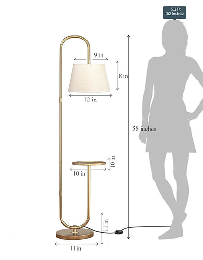 Divine Trends Modern Table Shelf LED Floor Lamp Standing Brass Antique Finish Gold 5ft Height with Shelf Diameter 10 Inches and Off White Lampshade 