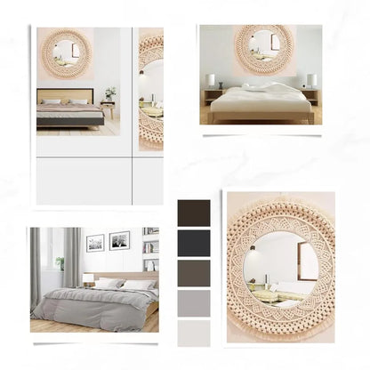 GUL DECOR|Handmade Cotton Macrame Wall Hanging Glass Mirror With Boho Fringes, Bohemian Art Decorative Aina For Make-Up, Living Room, Bedroom, Off-White, Dia 18 Inches, Style 30, Framed, Round