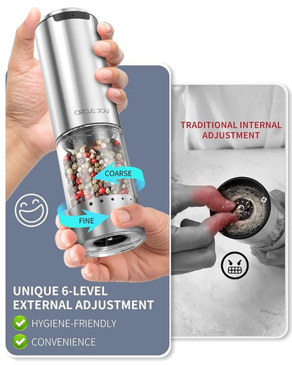 Rechargeable Electric Salt and Pepper Grinder Set with Base, Stainless Steel Pepper Mills with Washable 95ml Container, White LED Light and Adjustable Coarseness, Silver