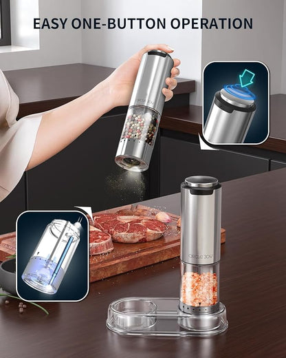Rechargeable Electric Salt and Pepper Grinder Set with Base, Stainless Steel Pepper Mills with Washable 95ml Container, White LED Light and Adjustable Coarseness, Silver