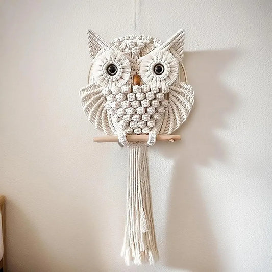tms Handmade Macrame Owl Wall Hanging | Chic Home Décor with Natural Elements | Rustic Accent for Living Room, Bedroom, Office | 12"x23", Off-White-1 pcs