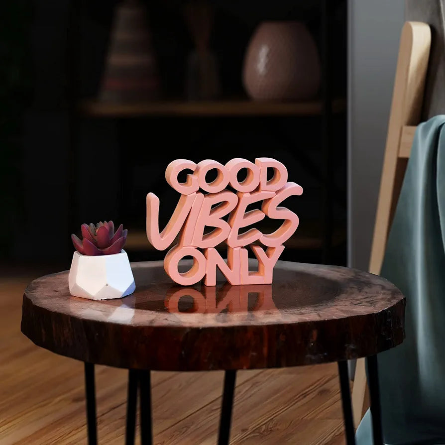 NUKKAD TALES Good Vibes Only Peach Showpiece for Home & Office - Engineered Wood Quirky Accent for Birthdays, Corporate Gifts, and Inspirational Wall Decor - Desk or Shelf Décor