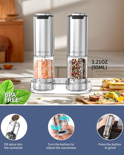 Rechargeable Electric Salt and Pepper Grinder Set with Base, Stainless Steel Pepper Mills with Washable 95ml Container, White LED Light and Adjustable Coarseness, Silver