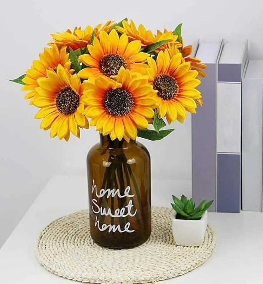 SATYAM KRAFT 1 Pcs Artificial Sunflowers Stick Bunch | Realistic Look & Charming Flowers | 6 Heads Bouquet for Home Decor, Bedroom, Balcony, Wedding  ,Fabric