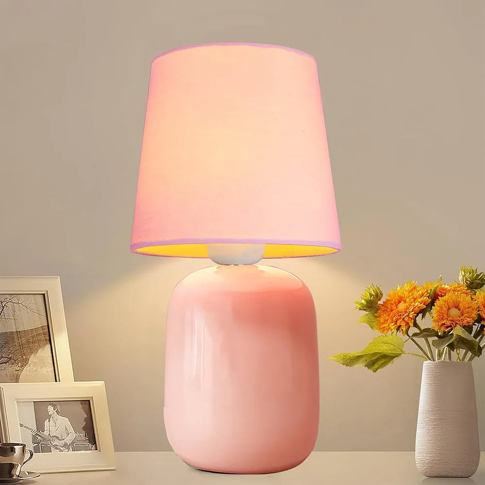 Homesake® Modern Small Ceramic Table Lamp, Classic Bedside Desk lamp for Living Room Bedroom, Farmhouse Nightstand Lamps with Pink Fabric Shade 