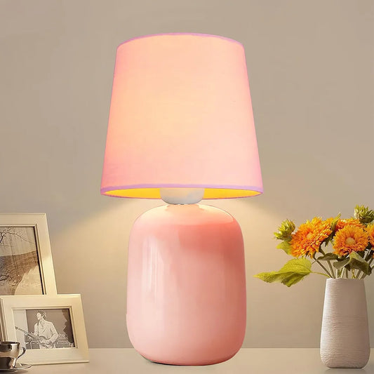 Homesake® Modern Small Ceramic Table Lamp, Classic Bedside Desk lamp for Living Room Bedroom, Farmhouse Nightstand Lamps with Pink Fabric Shade 
