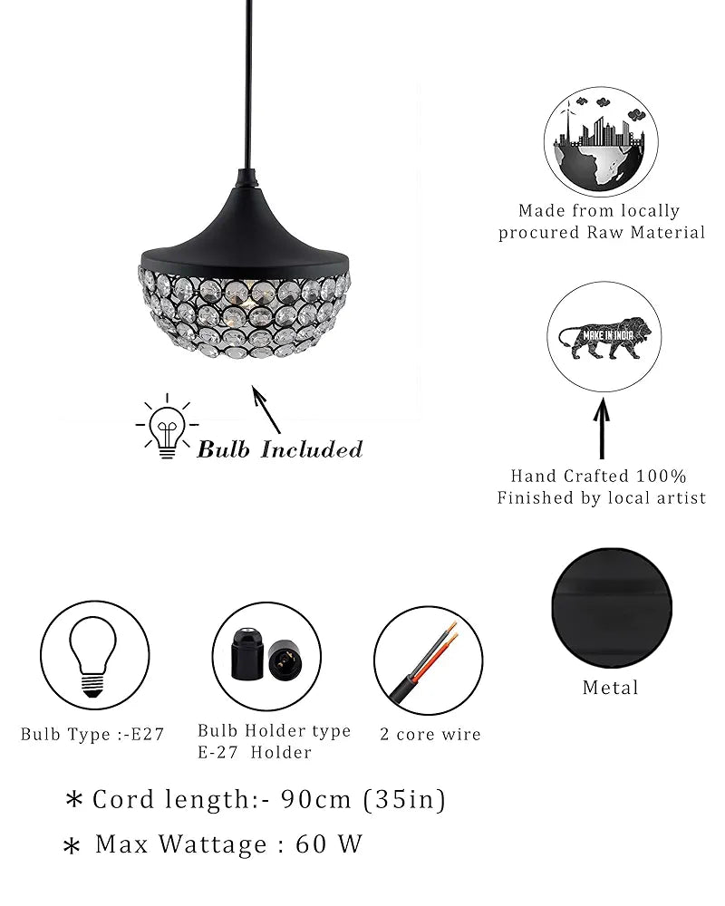 Homesake Crystal Pendant Light - Modern Black Hanging Ceiling Lamp with Sparkling Crystals, Decorative Lighting for Dining Room, Living Room, Bedroom, Kitchen Island - Elegant Chandelier Style