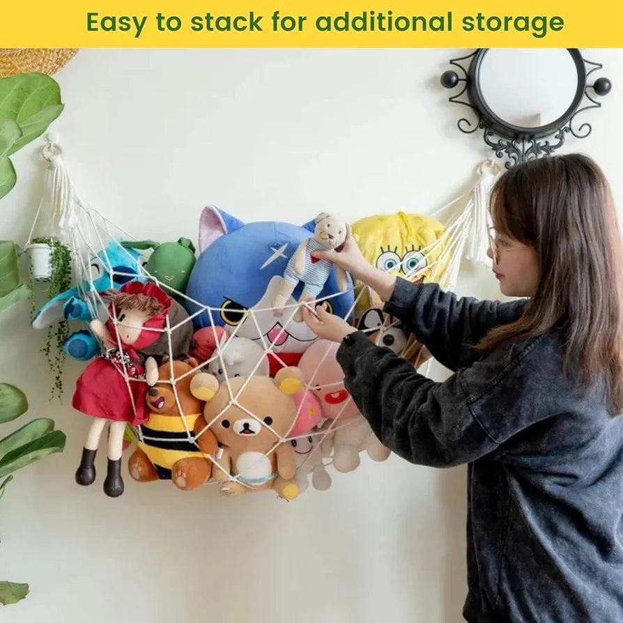 ecofynd Stuffed Animal Toy Hammock, Hanging Cotton Organizer Storage for Soft Toys, Boho Large Corner Plush Toys, Net Holder for Nursery Kids, Play Room, Bedroom, Kid Room 